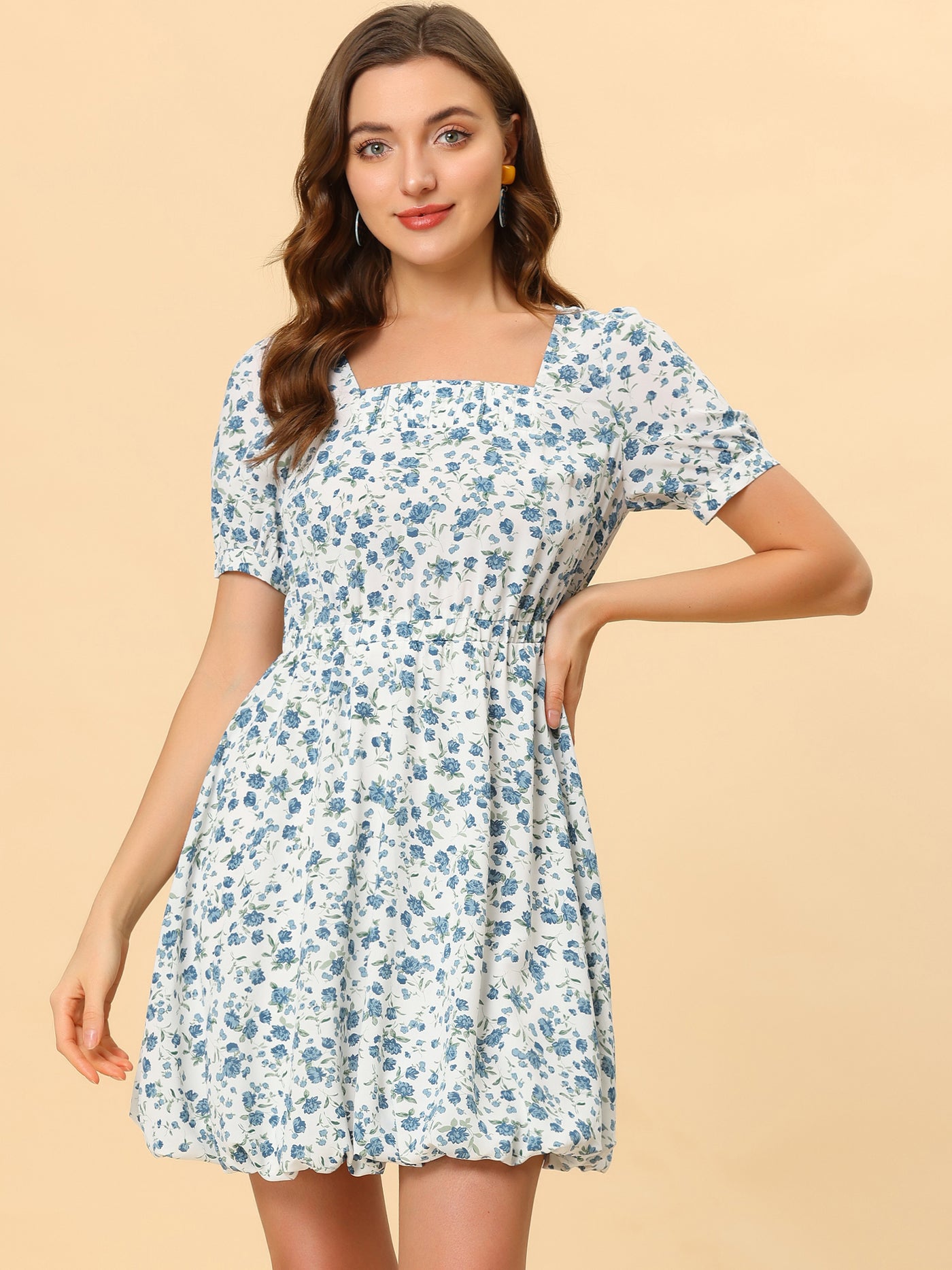 Allegra K Summer Floral Square Neck Puff Sleeve Ditsy Bubble Mini Dress