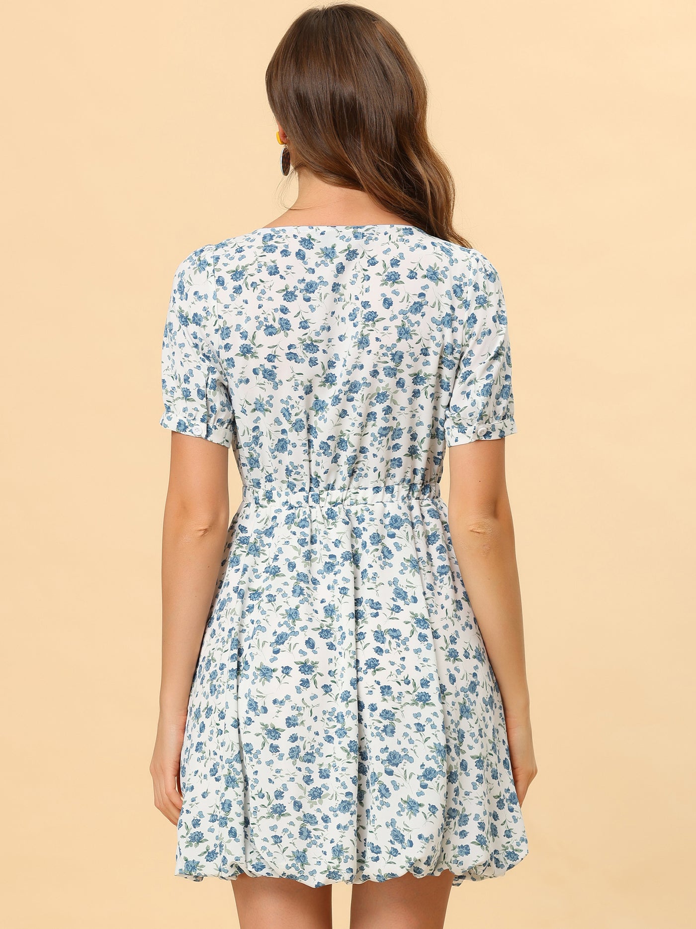 Allegra K Summer Floral Square Neck Puff Sleeve Ditsy Bubble Mini Dress