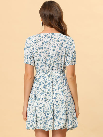 Summer Floral Square Neck Puff Sleeve Ditsy Bubble Mini Dress