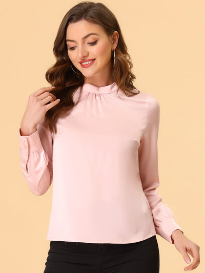 Satin Blouse Puff Sleeve Stand Collar Work Top