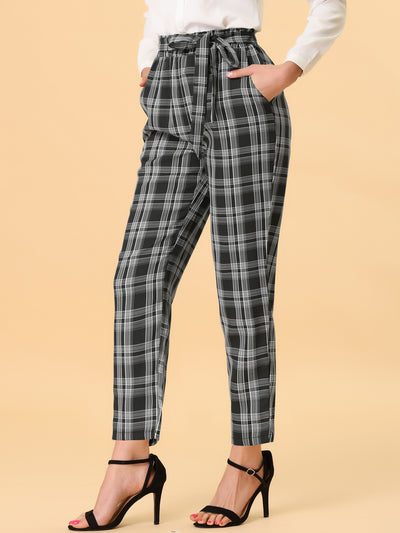 High Waist Trousers Belted Straight Leg Office Work Plaid Paper Bag Pants