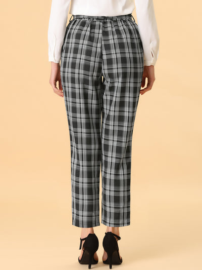 High Waist Trousers Belted Straight Leg Office Work Plaid Paper Bag Pants