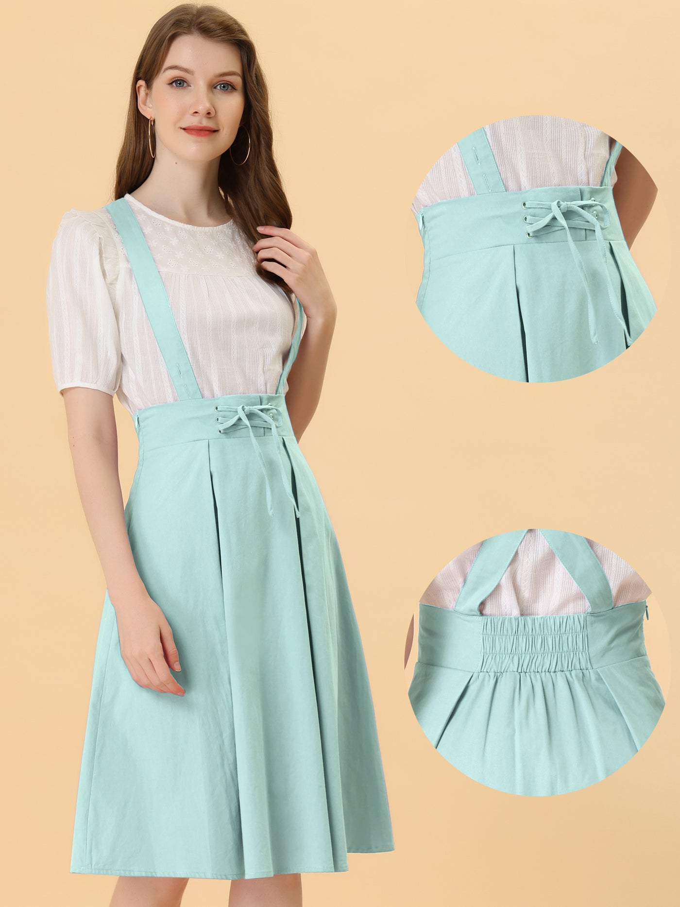 Allegra K Suspender Braces Skirt Elastic Waist Overall Dress