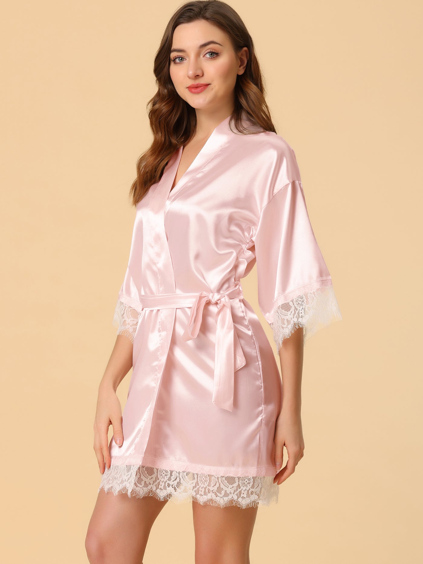 Allegra K Robe Satin Lounge Sleepwear Silky Kimono Pajama Lace Bathrobe