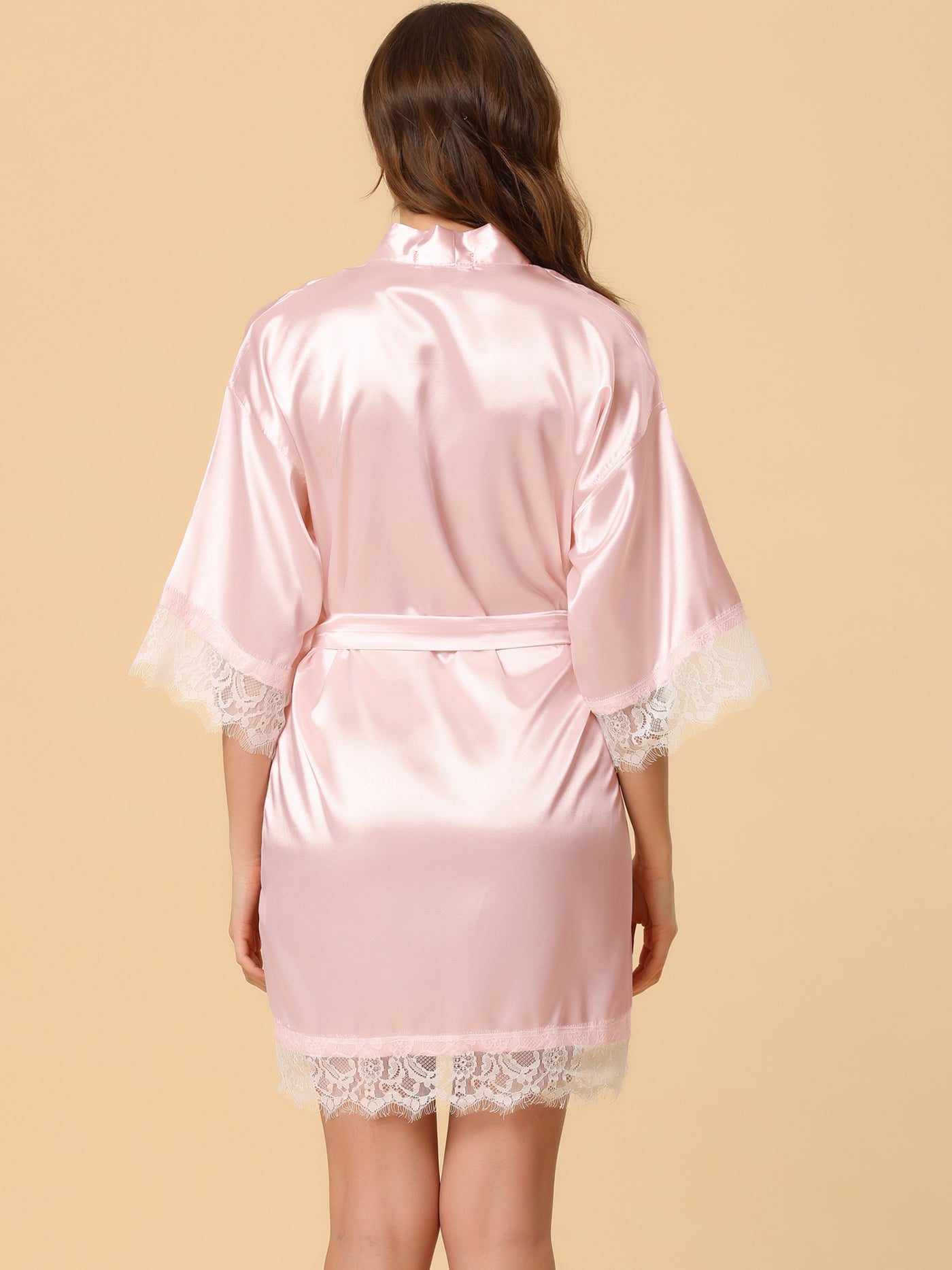 Allegra K Robe Satin Lounge Sleepwear Silky Kimono Pajama Lace Bathrobe