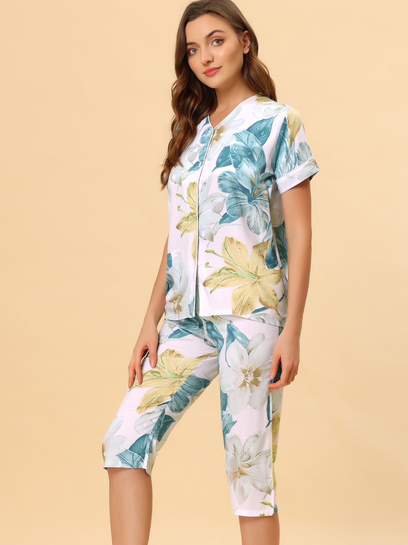 Allegra K Lounge Floral Button Down Shirt Sleepwear Capri Pants Pajama Sets