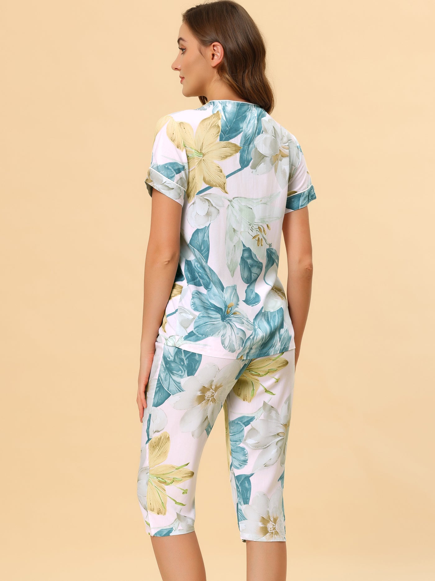 Allegra K Lounge Floral Button Down Shirt Sleepwear Capri Pants Pajama Sets