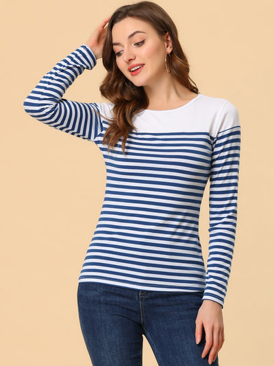 Color Block Long Sleeve Round Neck Striped T-Shirt