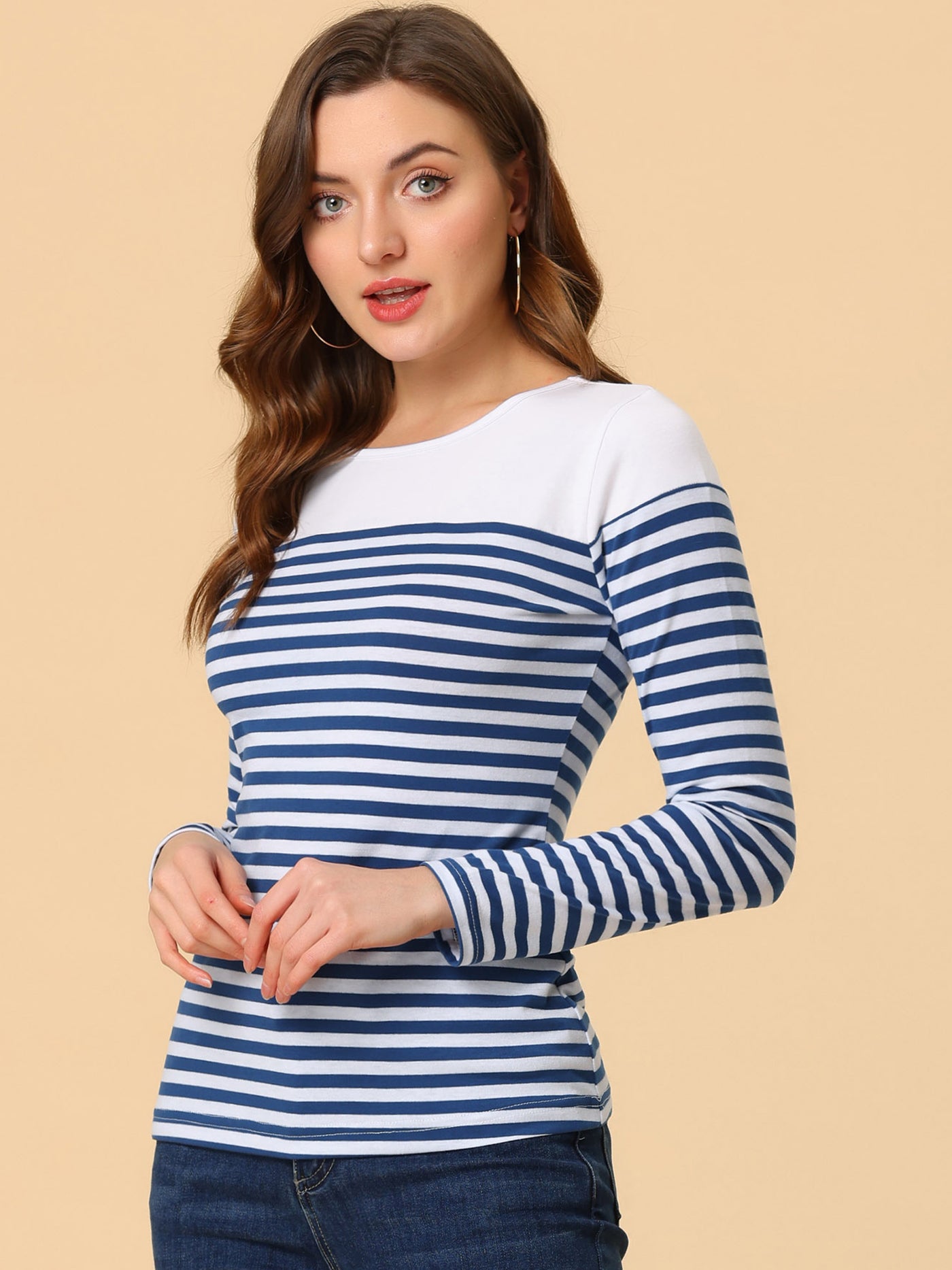 Allegra K Color Block Long Sleeve Round Neck Striped T-Shirt
