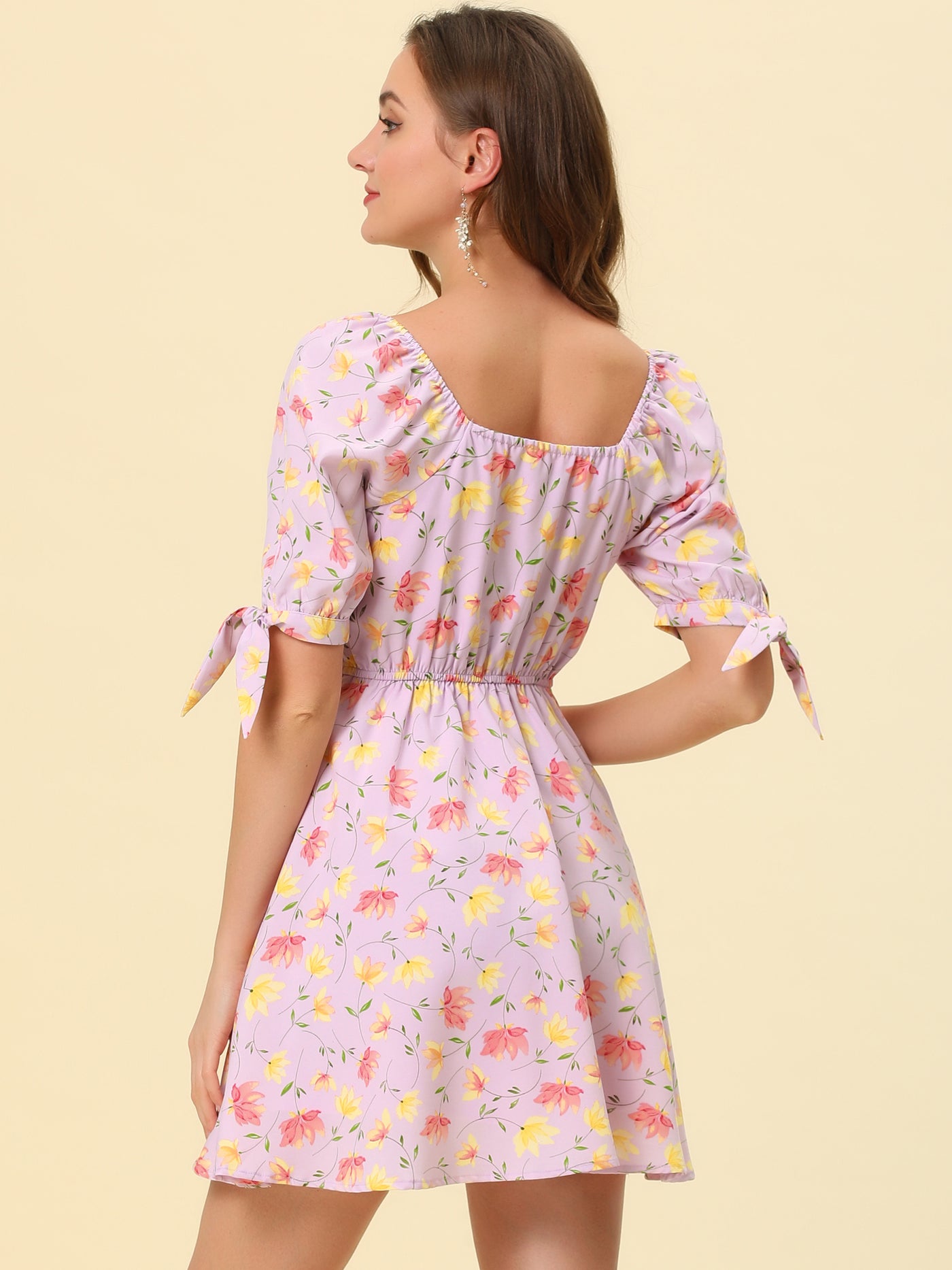 Allegra K Floral Printed Sweetheart Neck Puff Sleeve A-Line Mini Dress