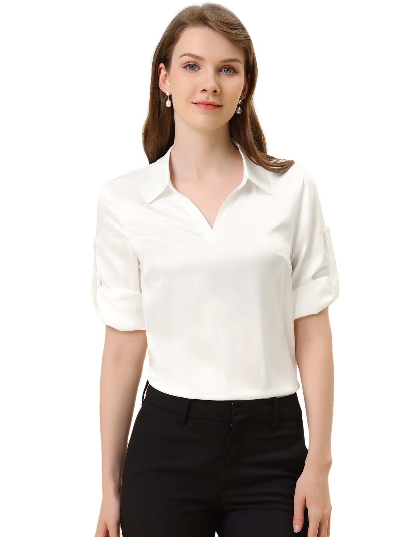 Allegra K Elegant Satin Blouse Roll Up 3/4 Sleeve V Neck Casual Work Shirt Top