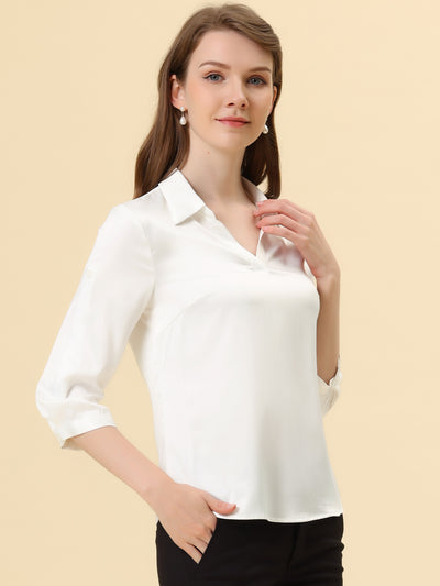Elegant Satin Blouse Roll Up 3/4 Sleeve V Neck Casual Work Shirt Top
