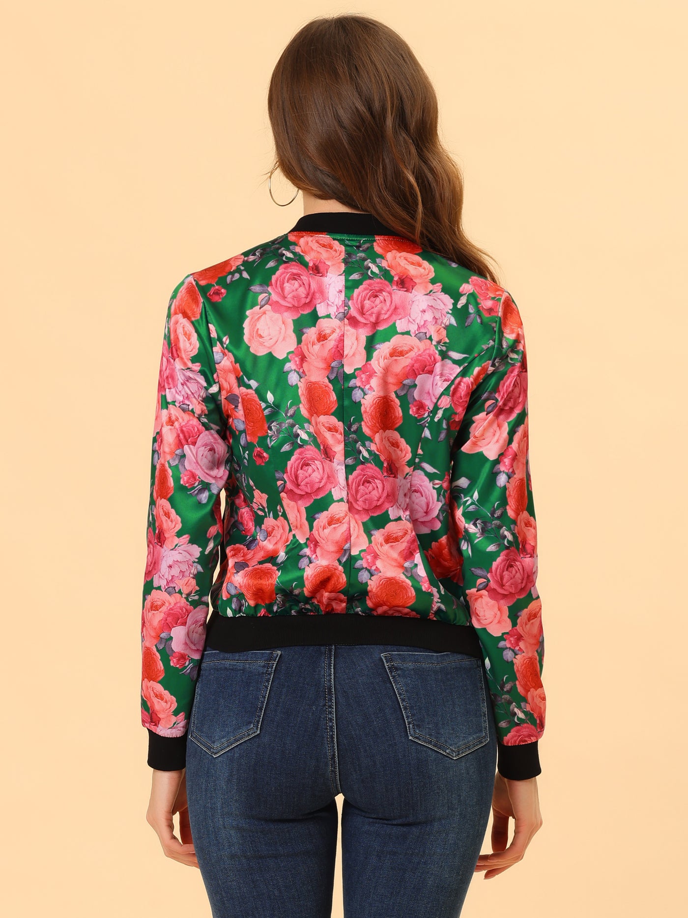 Allegra K Stand Collar Floral Print Zip Up Bomber Jacket