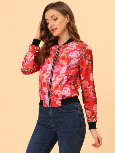 Stand Collar Floral Print Zip Up Bomber Jacket