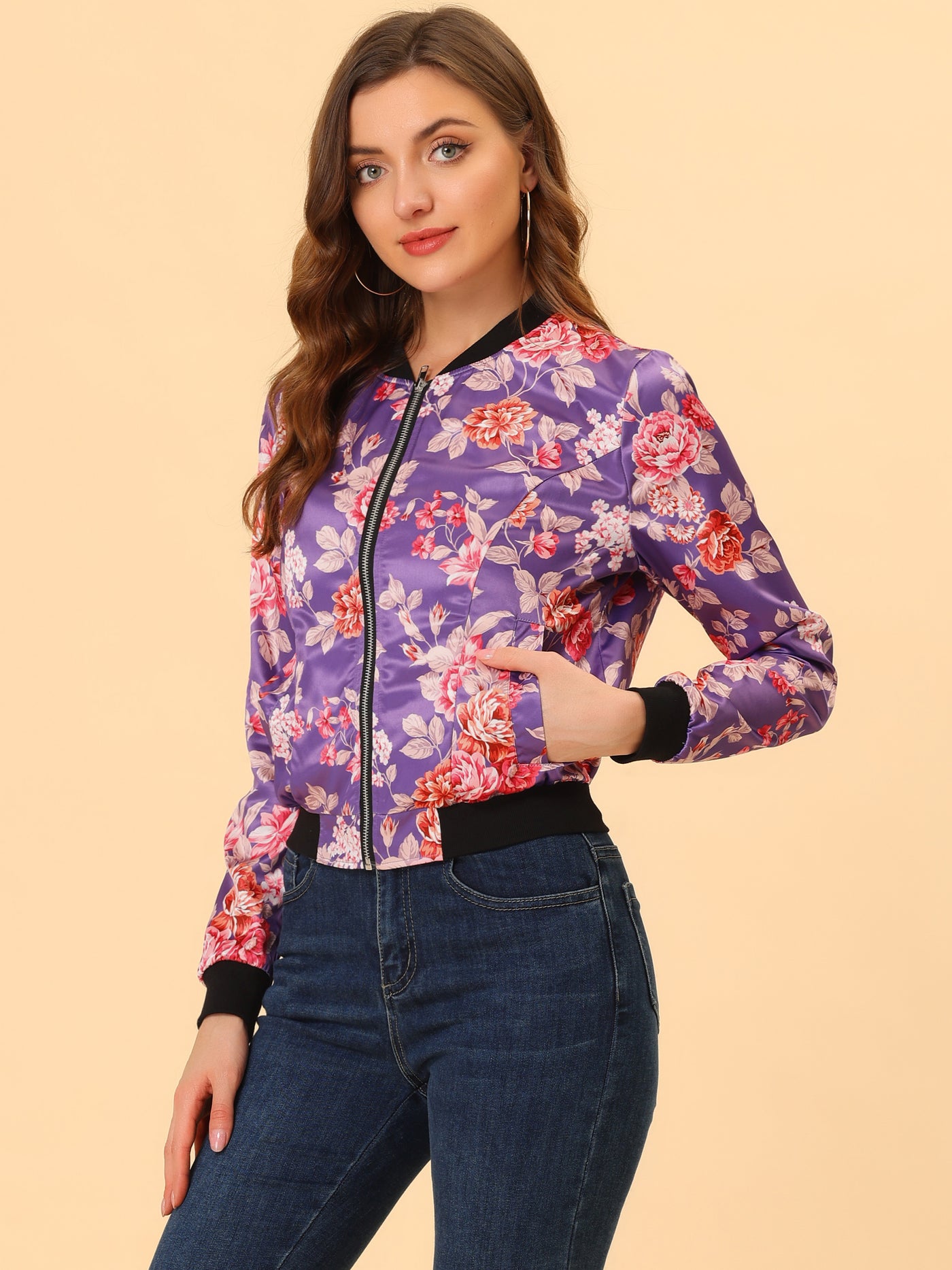 Allegra K Stand Collar Floral Print Zip Up Bomber Jacket