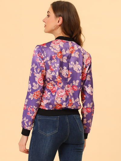 Stand Collar Floral Print Zip Up Bomber Jacket