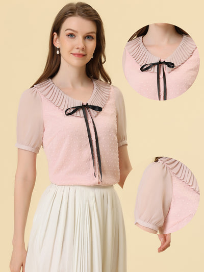 Casual Button Front Chiffon Bow Tie Short Sleeve Swiss Dot Blouse
