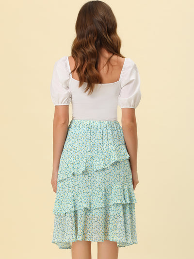 Floral Layered Elastic Waist Chiffon Ruffle Midi Skirt