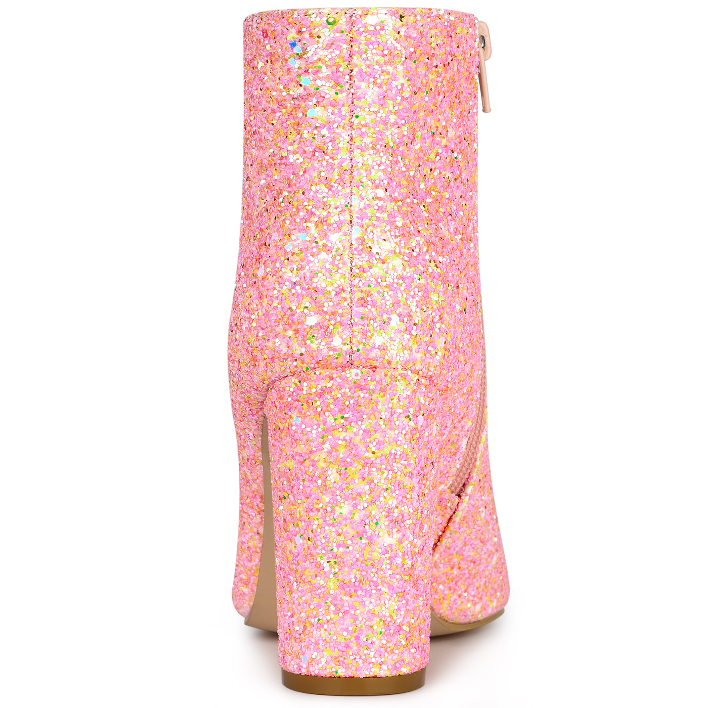 Allegra K Glitter Pointed Toe Chunky Heel Zipper Ankle Boots
