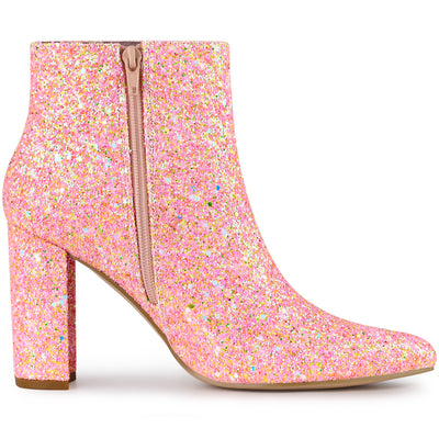 Glitter Pointed Toe Chunky Heel Zipper Ankle Boots