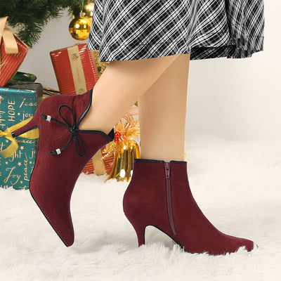Suede Bow Decor Pointed Toe Stiletto Heel Ankle Boots