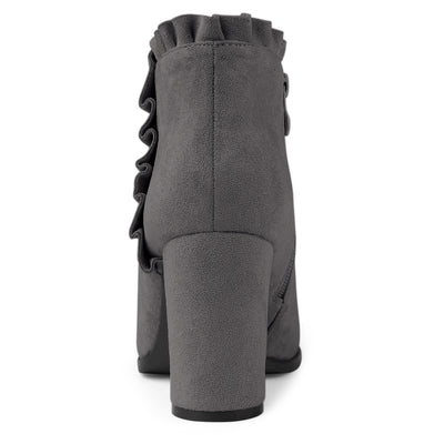 Pointed Toe Ruffle Block Heel Side Zipper Ankle Boots