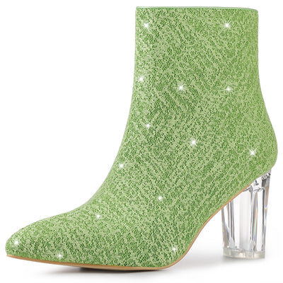 Pointed Toe Clear Block Heel Glitter Ankle Boots