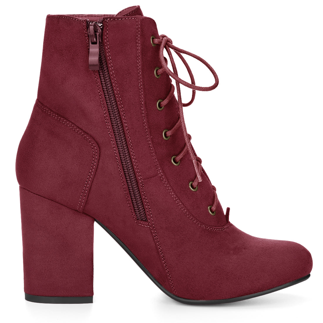 Allegra K Faux Suede Round Toe Lace Up Chunky Heel Ankle Booties