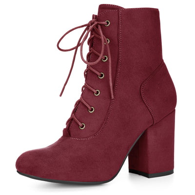 Faux Suede Round Toe Lace Up Chunky Heel Ankle Booties