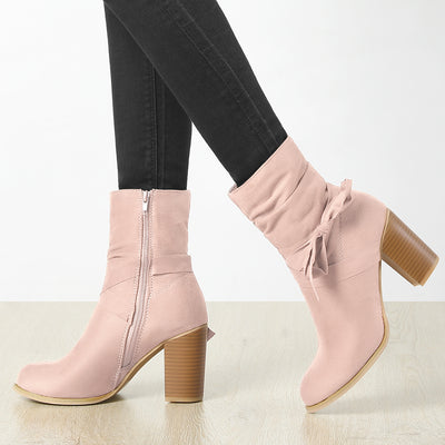 Faux Suede Round Toe Slouchy Chunky Heel Ankle Boots