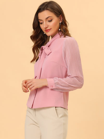Work Blouse for Self Tie Neck Chiffon Button Up Long Sleeve Shirt