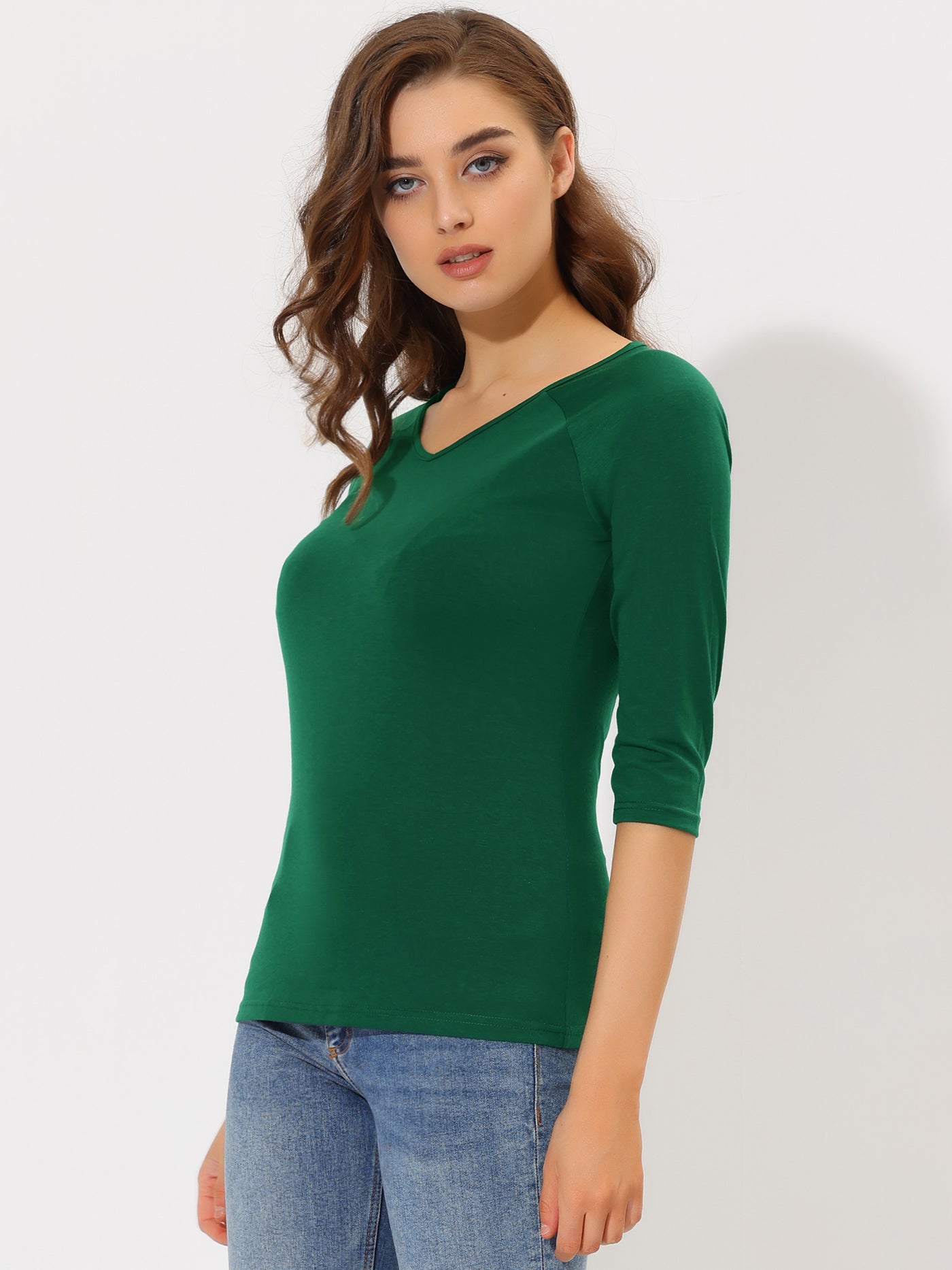 Allegra K Women's St. Patrick's Day T-Shirt 3/4 Raglan Sleeve Solid Color V Neck Basic Tee Shirt