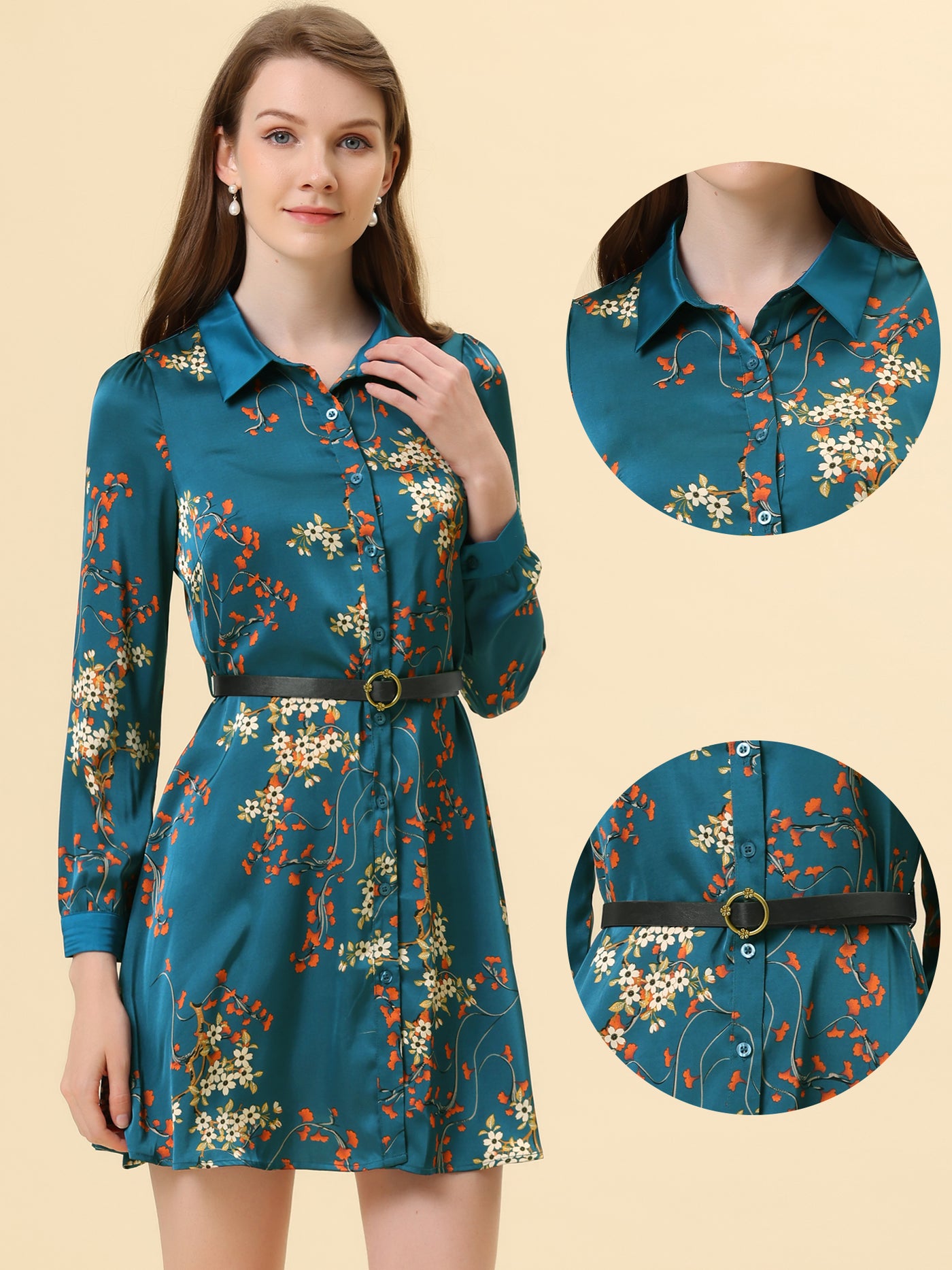 Allegra K Floral Satin Spring Fall Long Sleeve Belted Button Down Dress