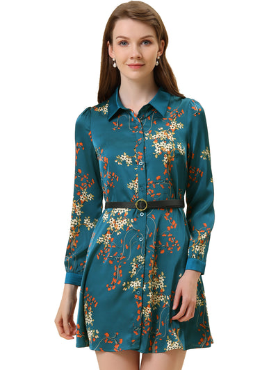 Floral Satin Spring Fall Long Sleeve Belted Button Down Dress