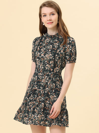 Floral Printed Short Sleeve Self Tie Summer Mini Dress