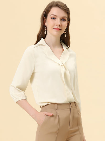 V Neck 3/4 Sleeve Collared Work Office Top Blouse