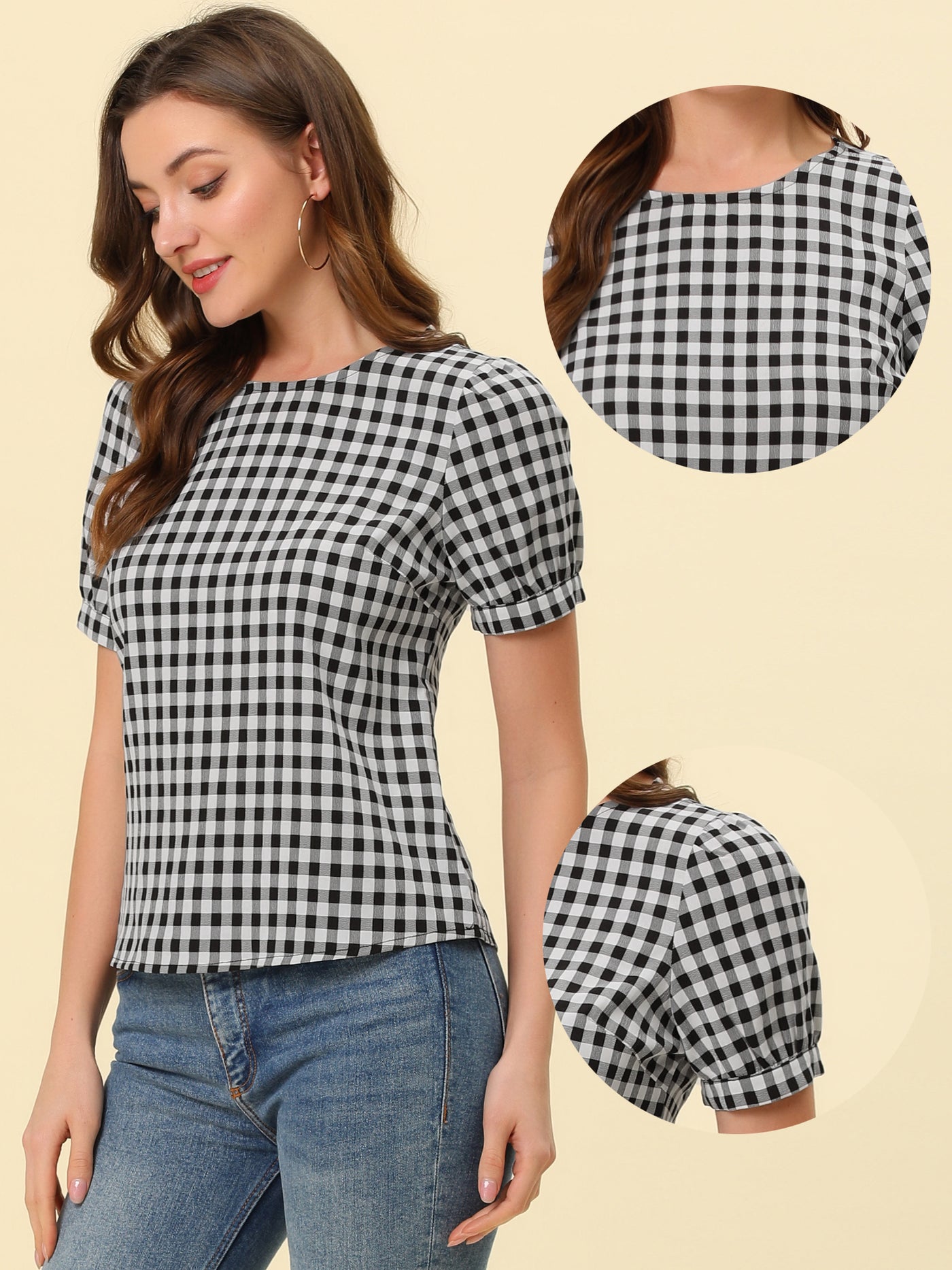 Allegra K Vintage Blouse for Plaid Crew Neck Puff Sleeve Casual Gingham Tops