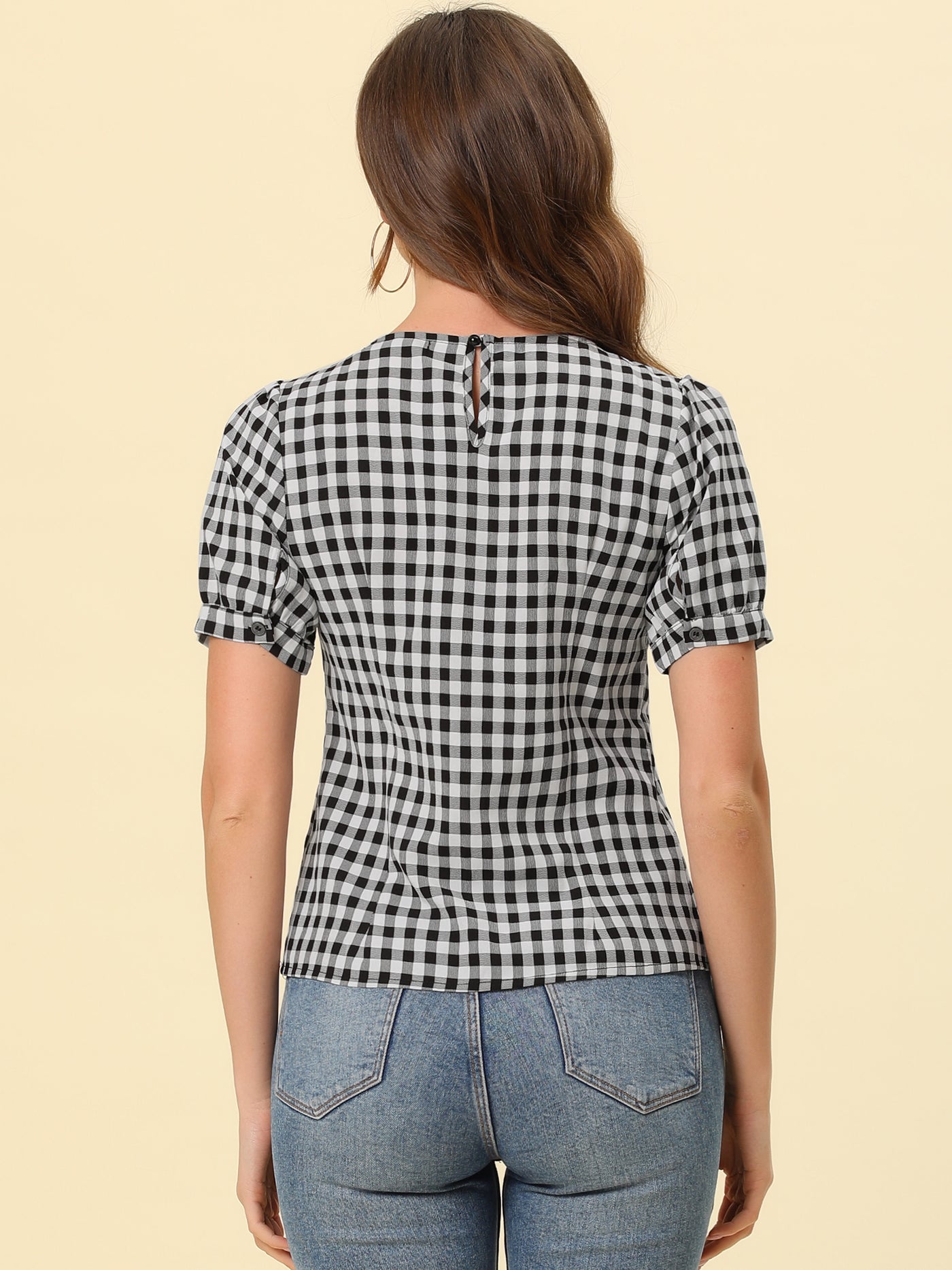 Allegra K Vintage Blouse for Plaid Crew Neck Puff Sleeve Casual Gingham Tops