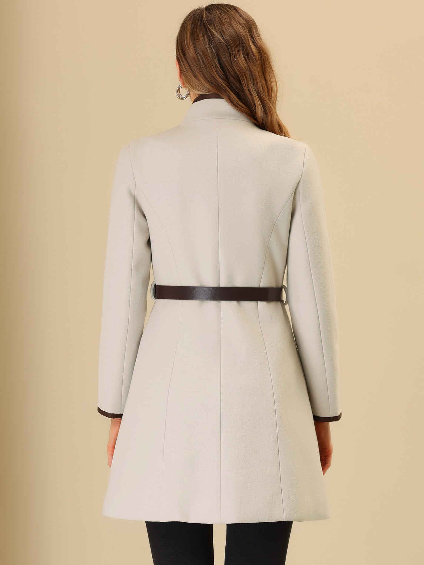 Allegra K Double-breasted Long Belted Stand Collar Winter Pea Coat