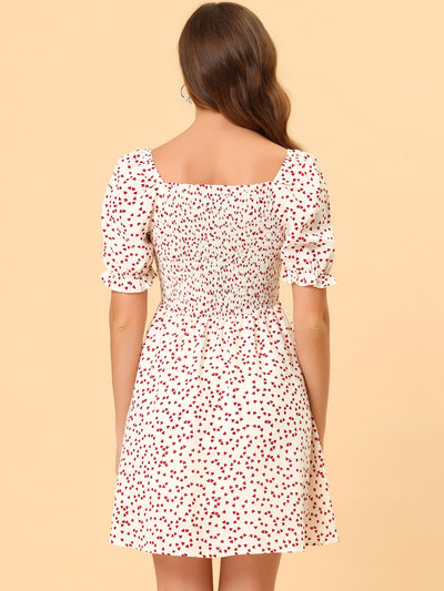 Heart Print Square Neck Off Shoulder A-Line Smocked Short Dress