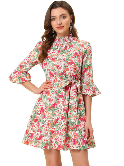 Floral 3/4 Bell Sleeve Smocked Belted Flare Ruffle Dress
