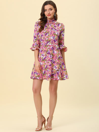 Floral 3/4 Bell Sleeve Smocked Belted Flare Ruffle Dress