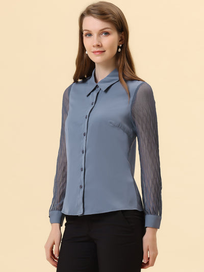 Button Down Shirt Sheer Sleeve Point Collar Work Tops