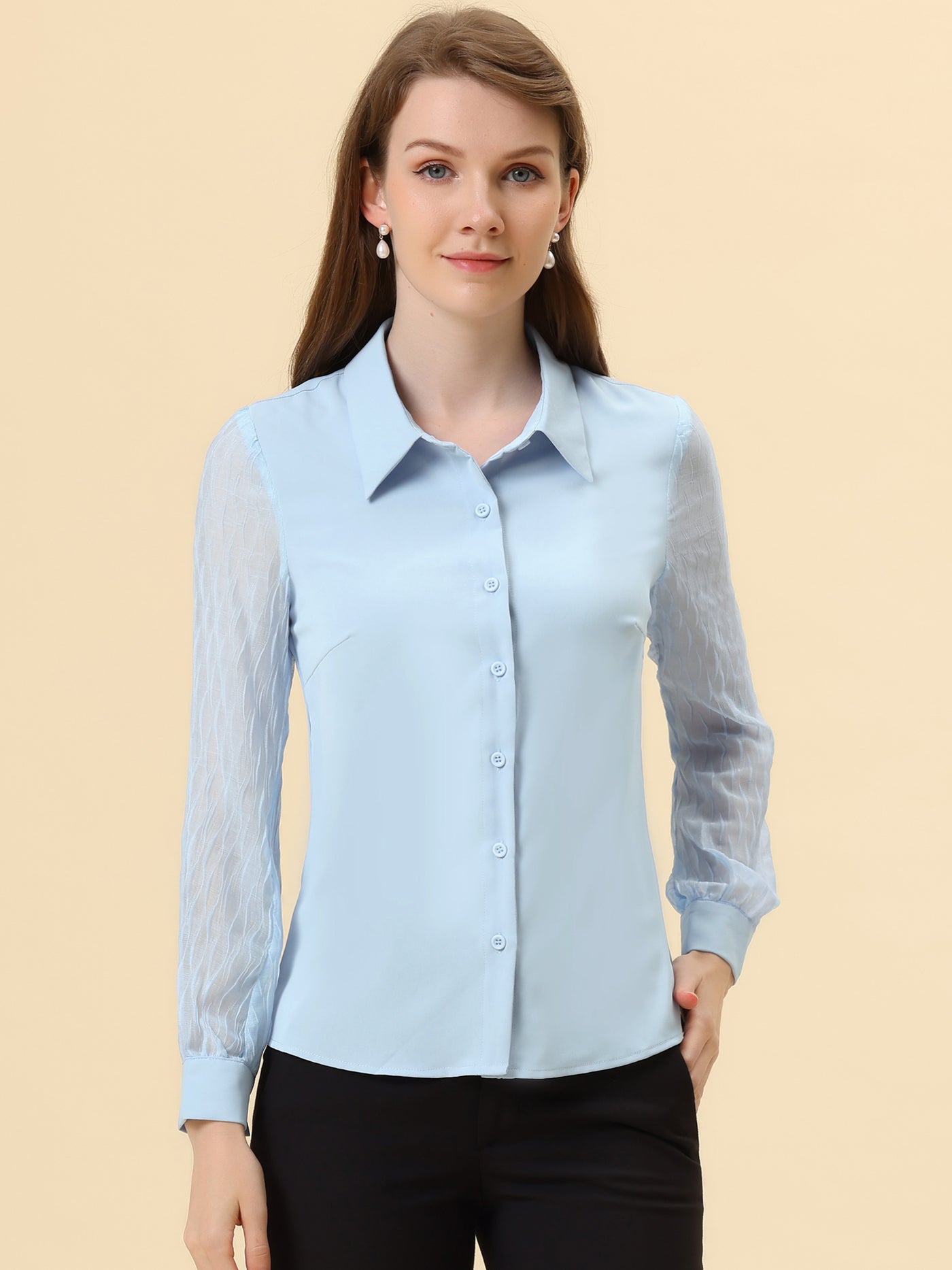 Allegra K Button Down Shirt Sheer Sleeve Point Collar Work Tops