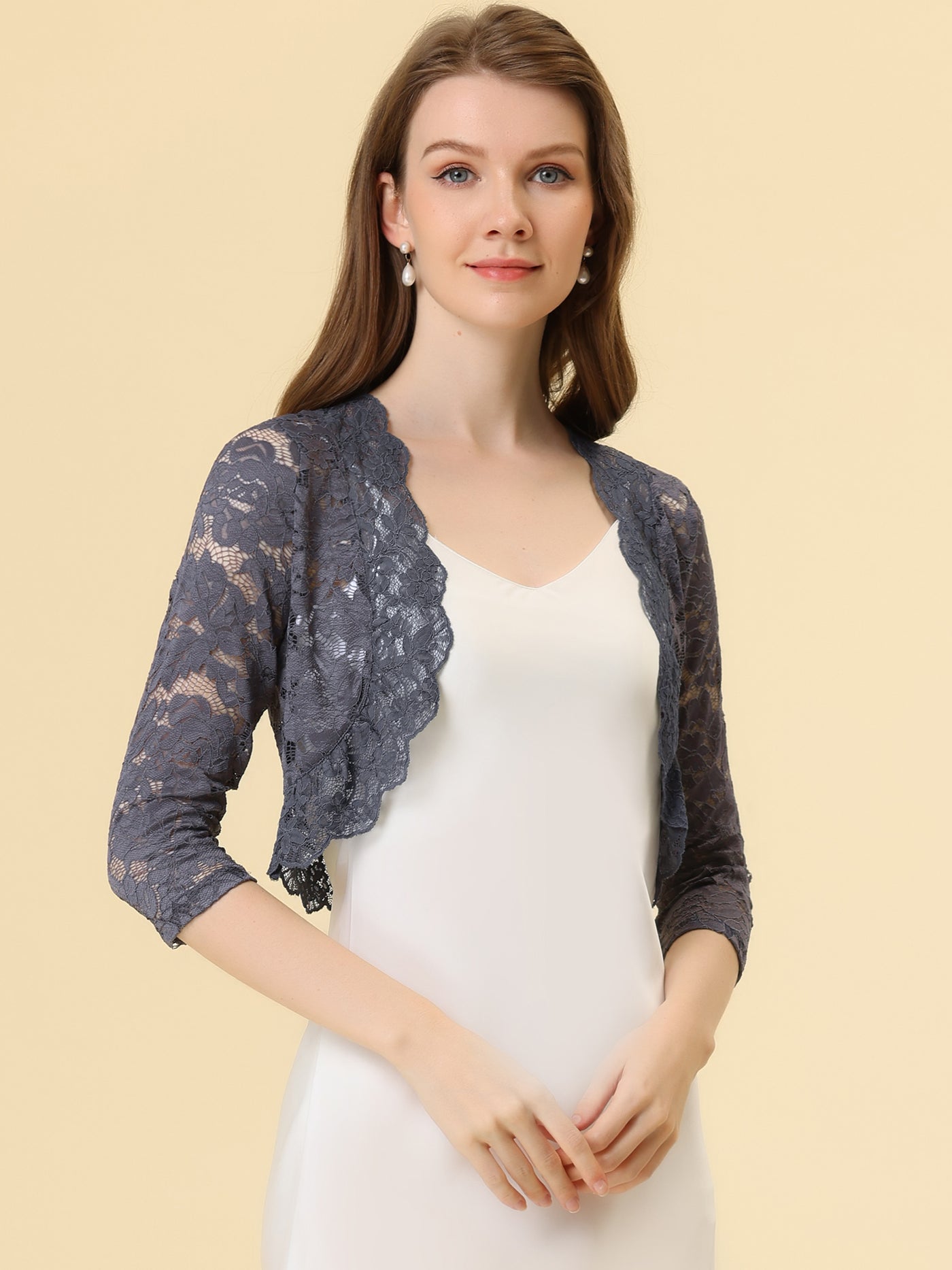 Allegra K Elegant 3/4 Sleeve Sheer Floral Lace Shrug Top