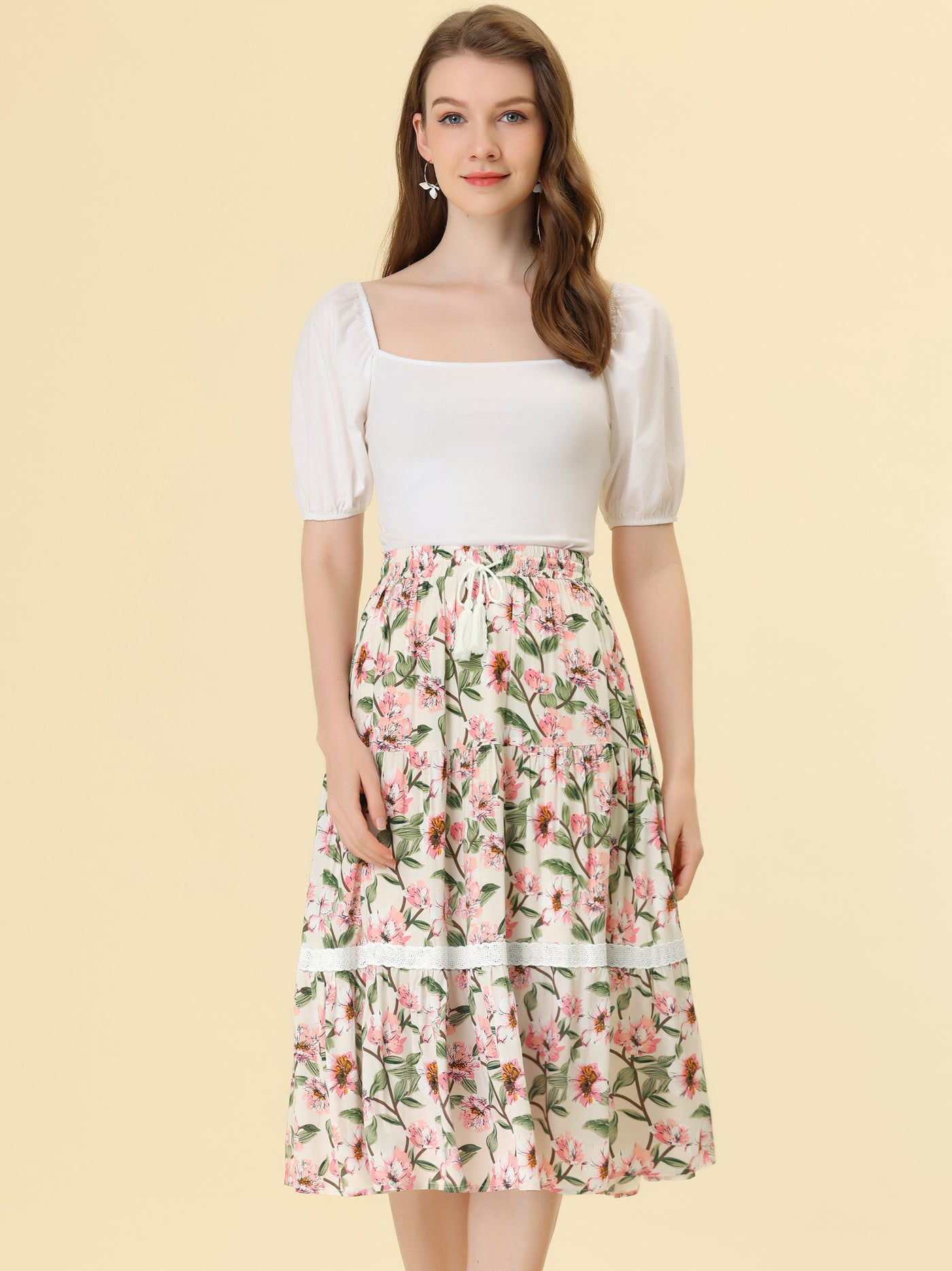 Allegra K Floral Tropical Lace Insert Elastic Drawstring Midi Tiered Skirt