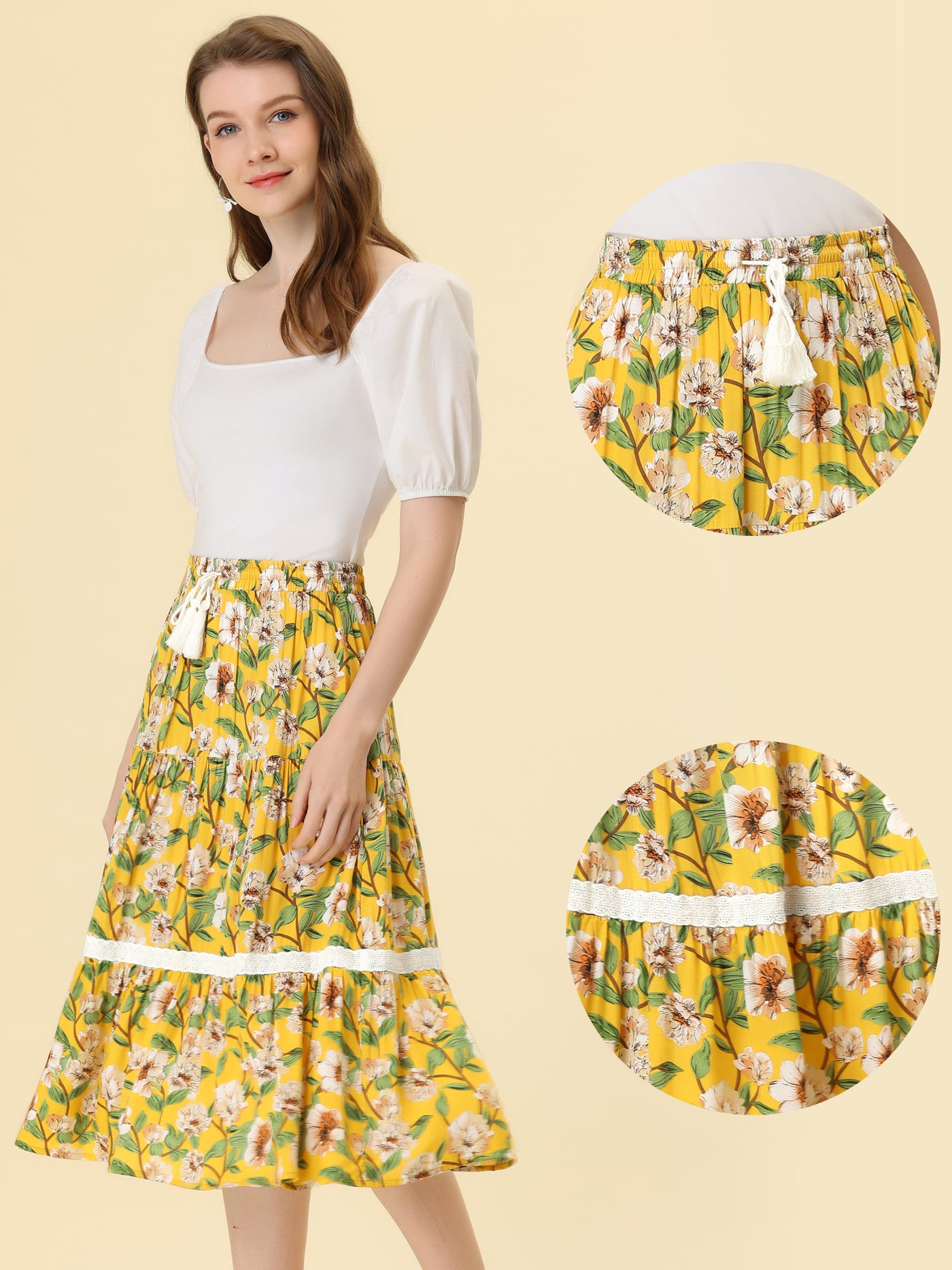 Allegra K Floral Tropical Lace Insert Elastic Drawstring Midi Tiered Skirt