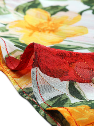 Hawaiian Tropical Ruffle Pleated Hem Tie Wrap Glitter Floral Skirt