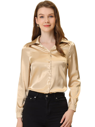Button Down Long Sleeve Satin Work Office Collared Blouse