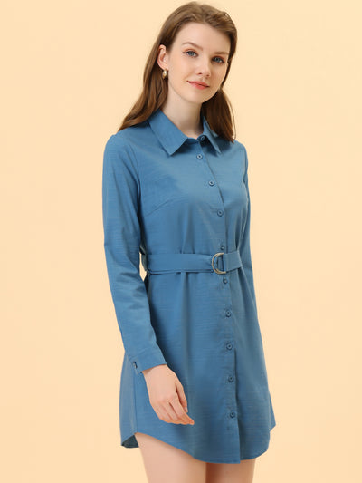 Belted Roll Up Sleeve Button Up Collared Shirt Dress